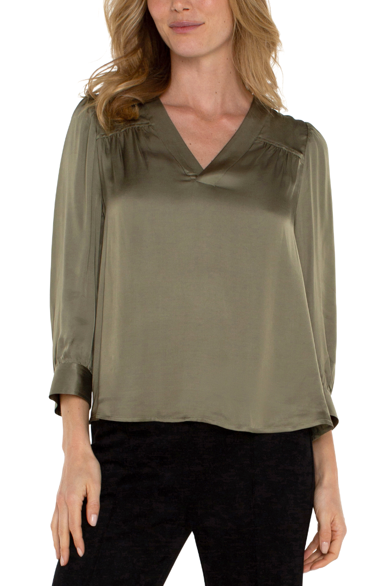 Blouse Long Slv Pleated Neck - Spanish Olive