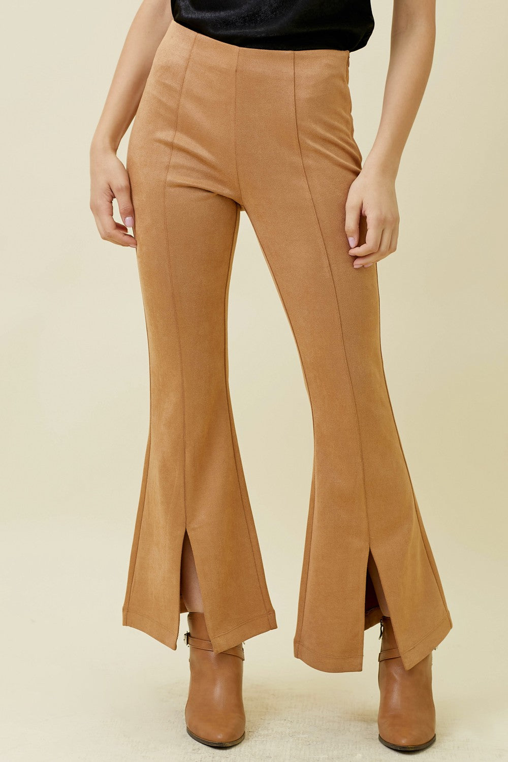 Front Slit Suede Flare Pants - Sand