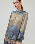 Long Sleeve Split Neck Mandarin Ruffled - Taupe Blue Multi