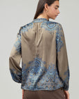 Long Sleeve Split Neck Mandarin Ruffled - Taupe Blue Multi