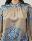 Long Sleeve Split Neck Mandarin Ruffled - Taupe Blue Multi