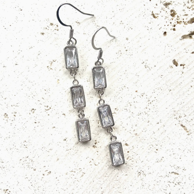 Earring Multi Crystal Rectangle Drops Silver
