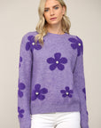 Pearl Embellished Floral Knit Fuzzy Sweater