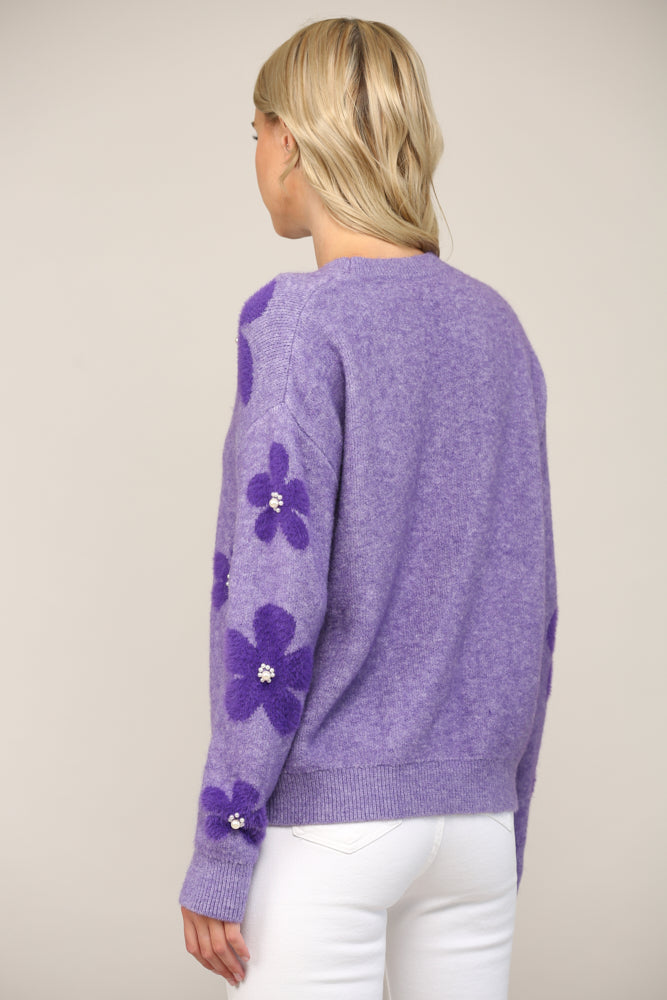 Pearl Embellished Floral Knit Fuzzy Sweater