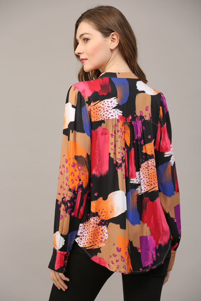 Abstract Print Rayon Satin Button Down Shirt