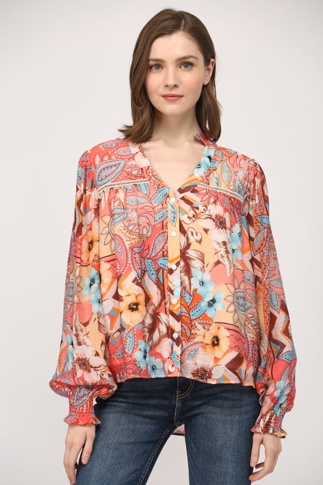 Printed Tencel Blend Lace Insert Blouse