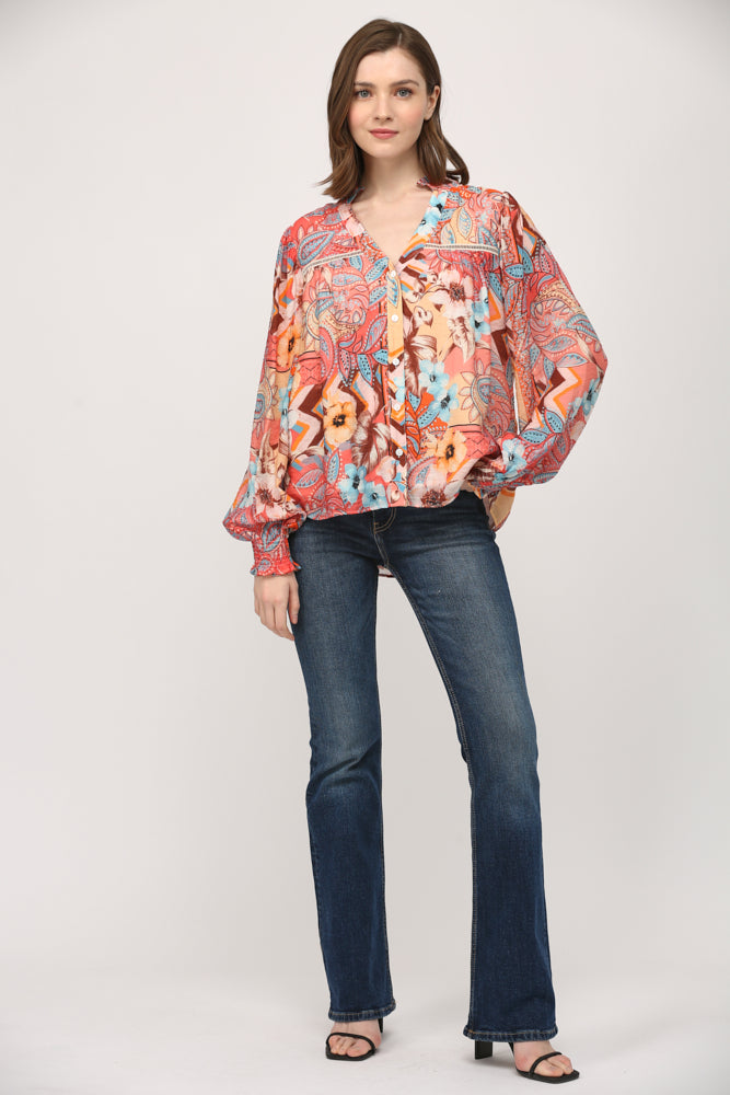 Printed Tencel Blend Lace Insert Blouse