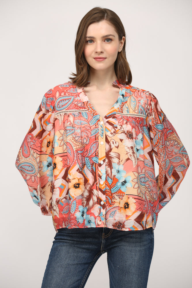 Printed Tencel Blend Lace Insert Blouse