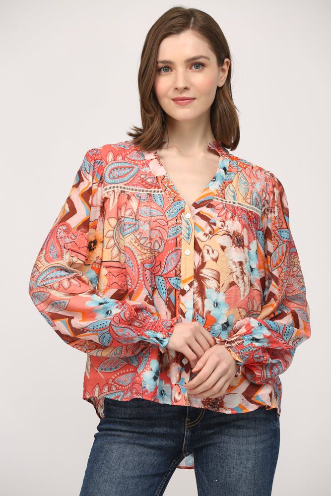 Printed Tencel Blend Lace Insert Blouse