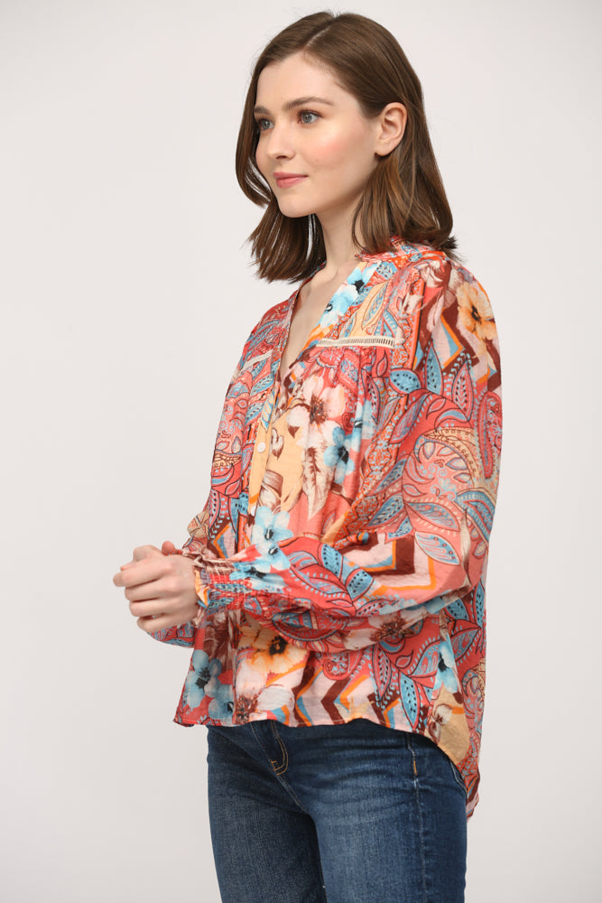 Printed Tencel Blend Lace Insert Blouse