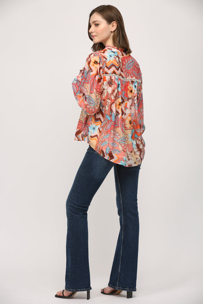 Printed Tencel Blend Lace Insert Blouse