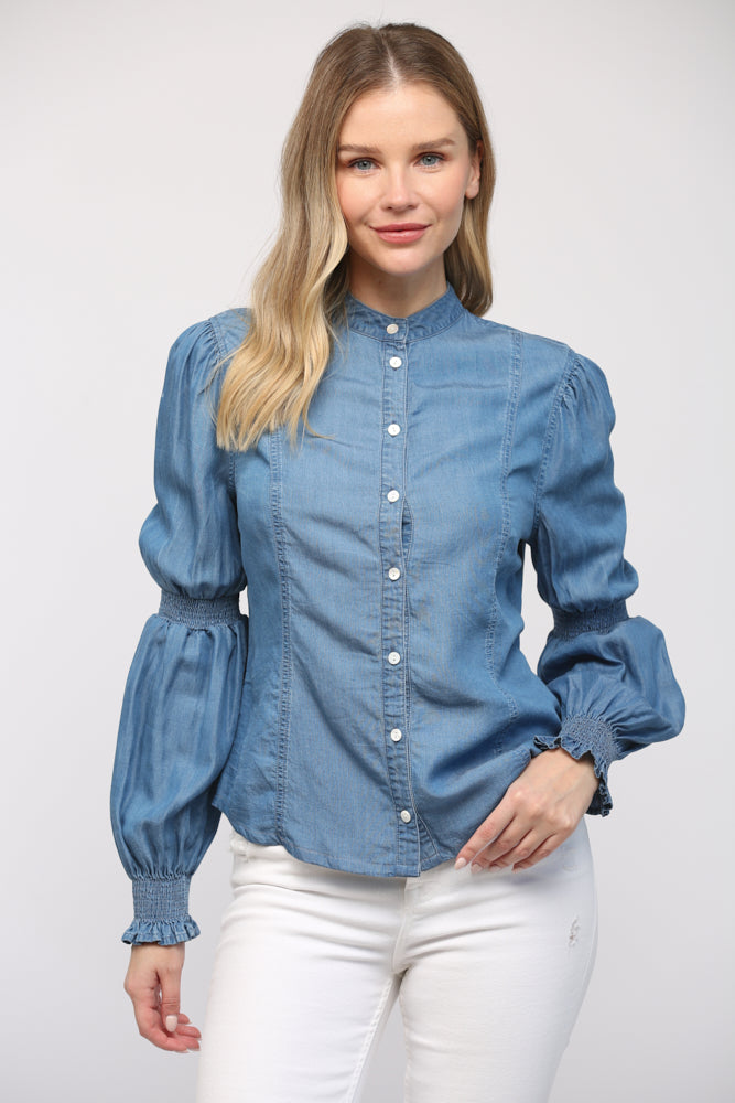 Smocked Detail Puff Sleeve Tencel Shirt Top