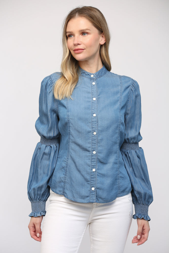 Smocked Detail Puff Sleeve Tencel Shirt Top