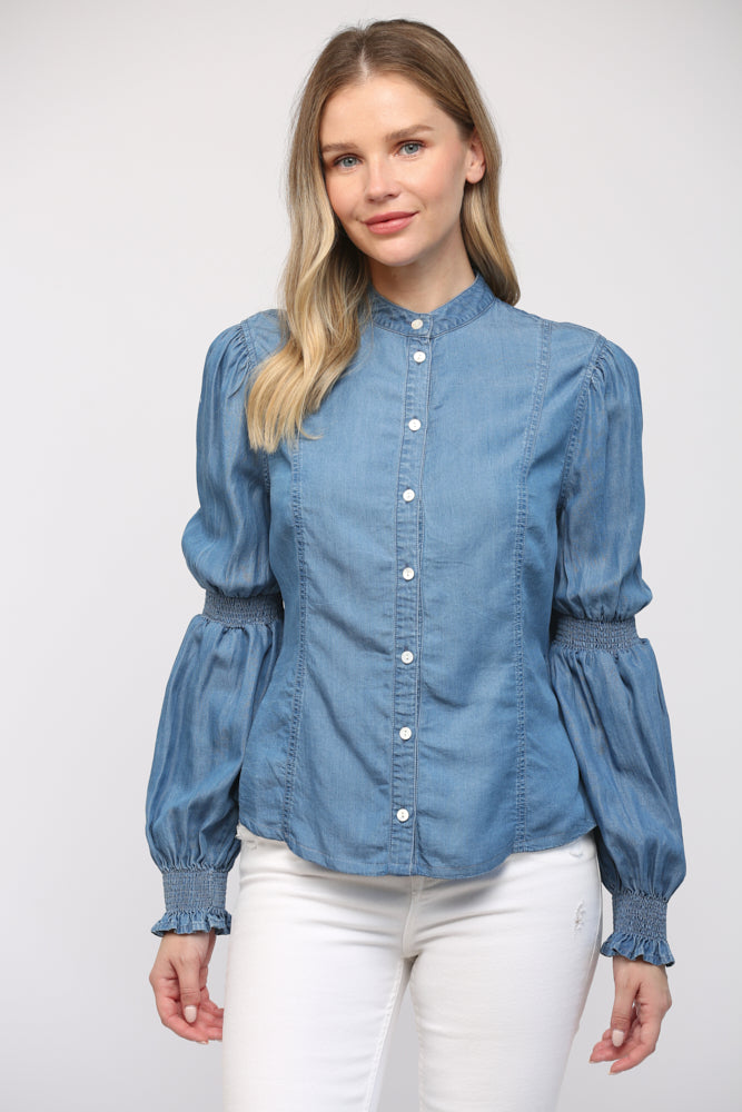 Smocked Detail Puff Sleeve Tencel Shirt Top