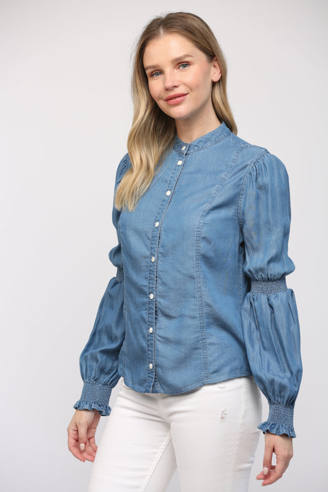 Smocked Detail Puff Sleeve Tencel Shirt Top