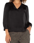 Blouse Long Slv Pleated Neck -BLK