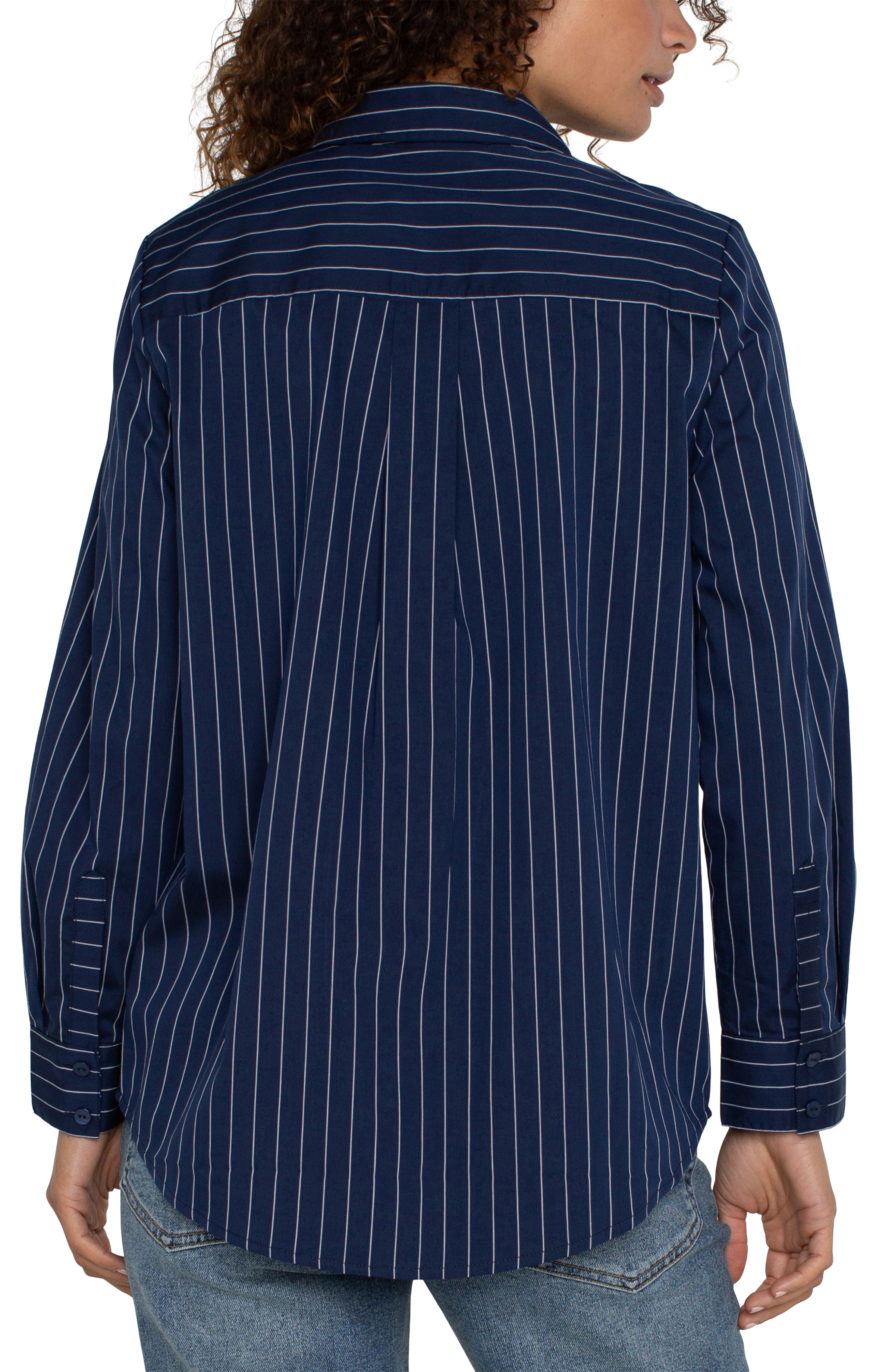 LC Classic Fit Button Front Poplin Shirt Navy Pinstripe