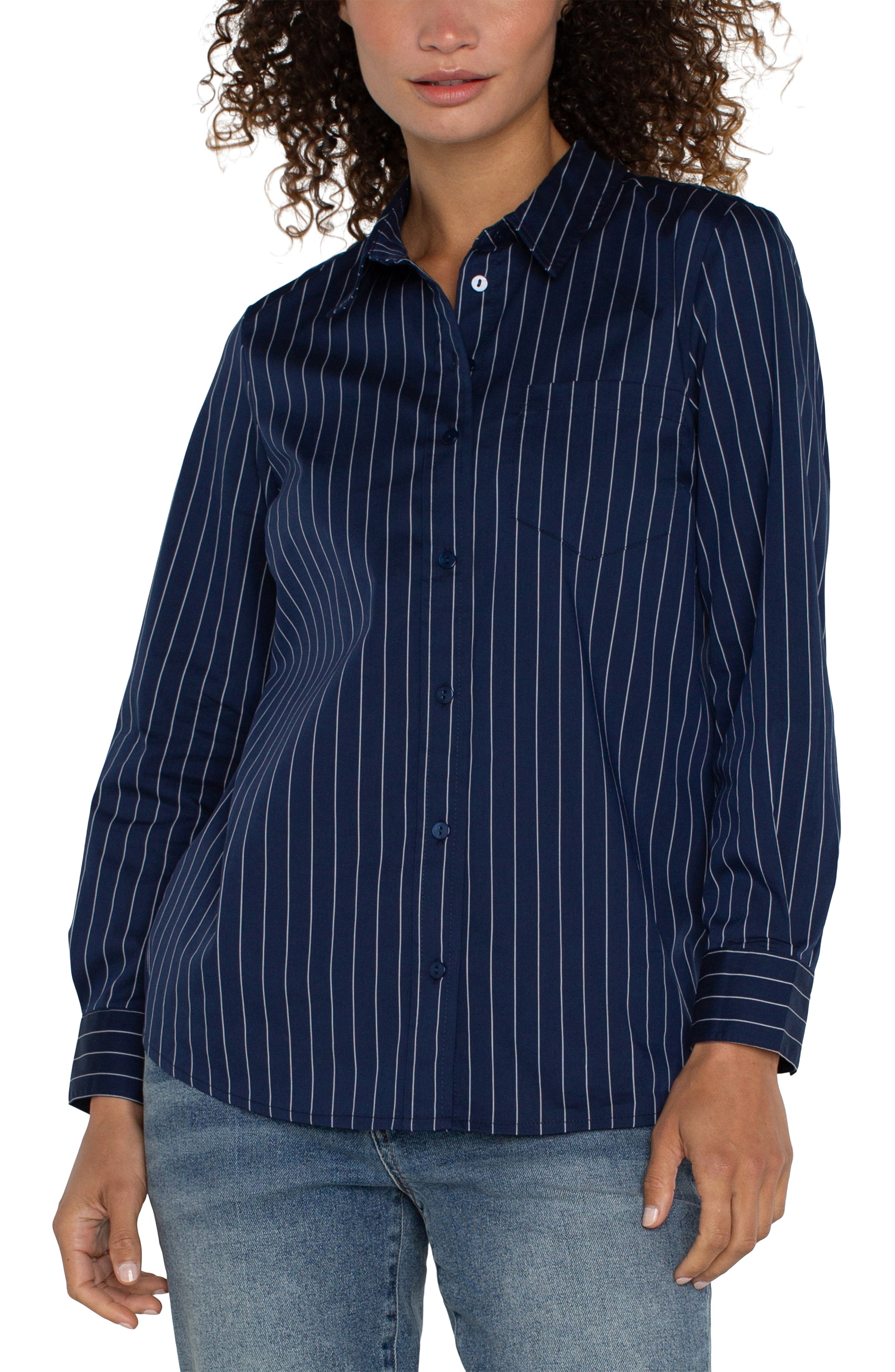 LC Classic Fit Button Front Poplin Shirt Navy Pinstripe