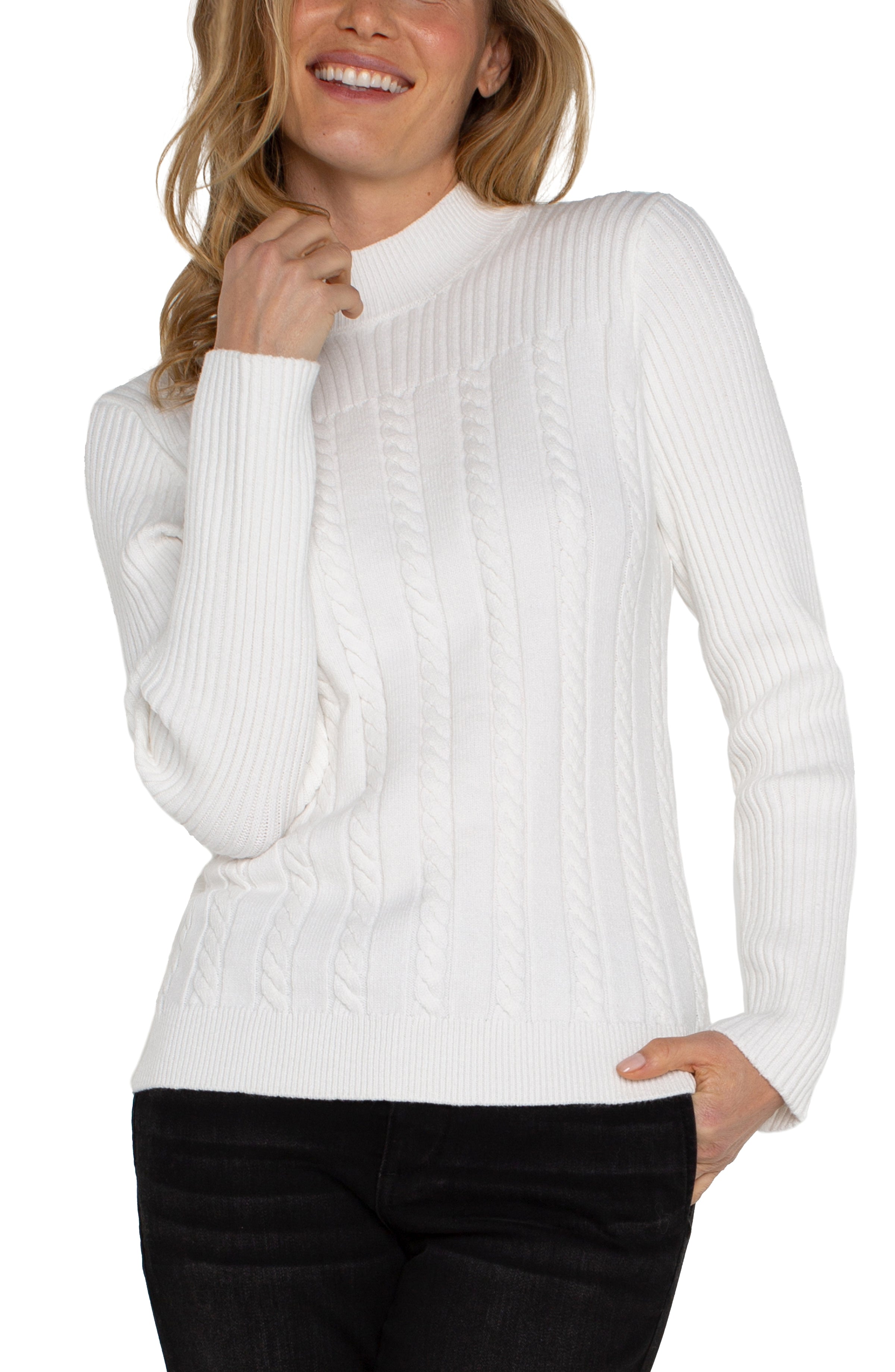 LC Long Sleeve Mock Neck Cable Sweater Porcelain