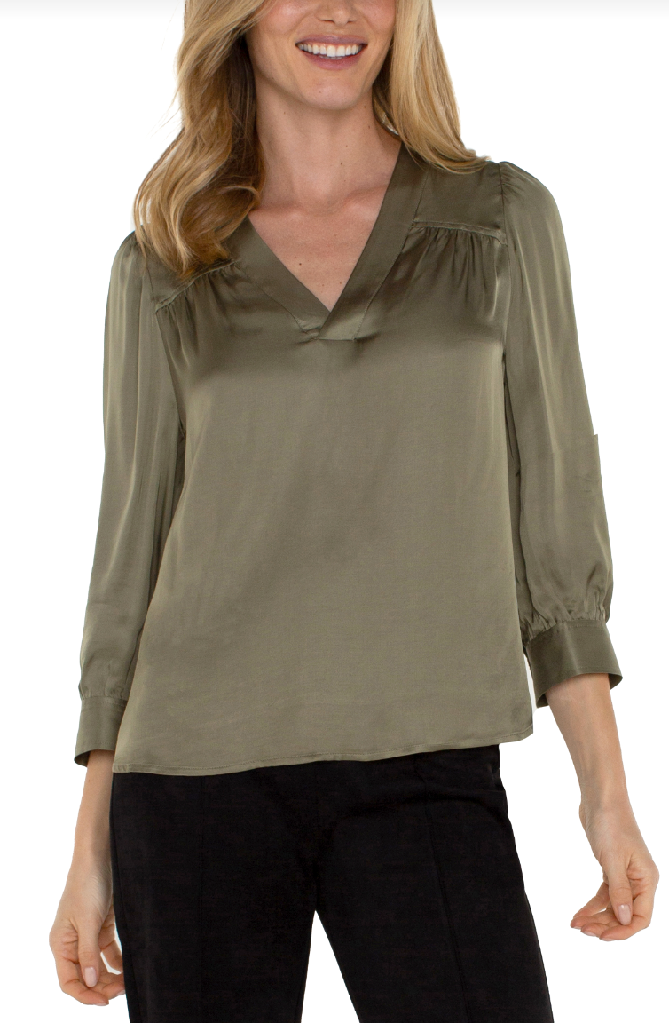 Blouse Long Slv Pleated Neck - Spanish Olive