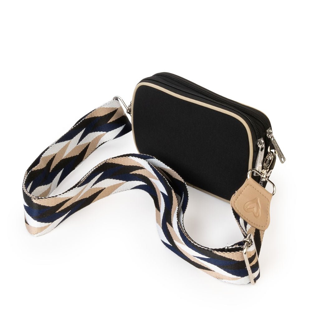 Neoprene Dual Zipper Crossbody - Black/ Tan