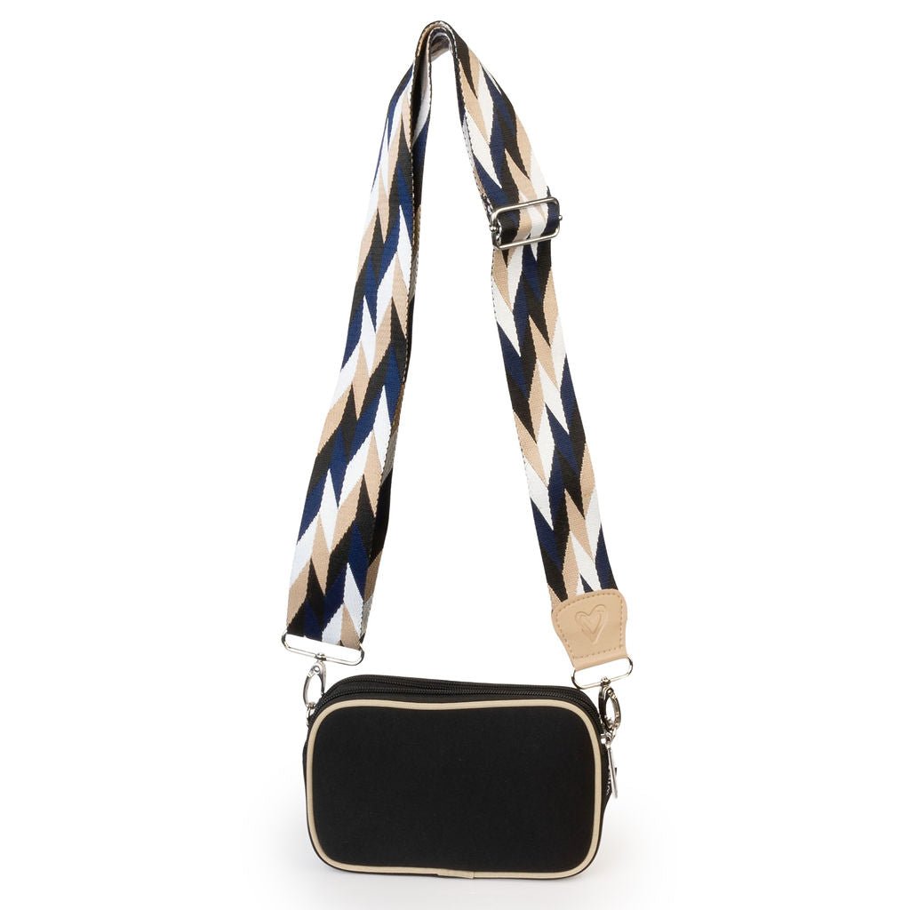 Neoprene Dual Zipper Crossbody - Black/ Tan