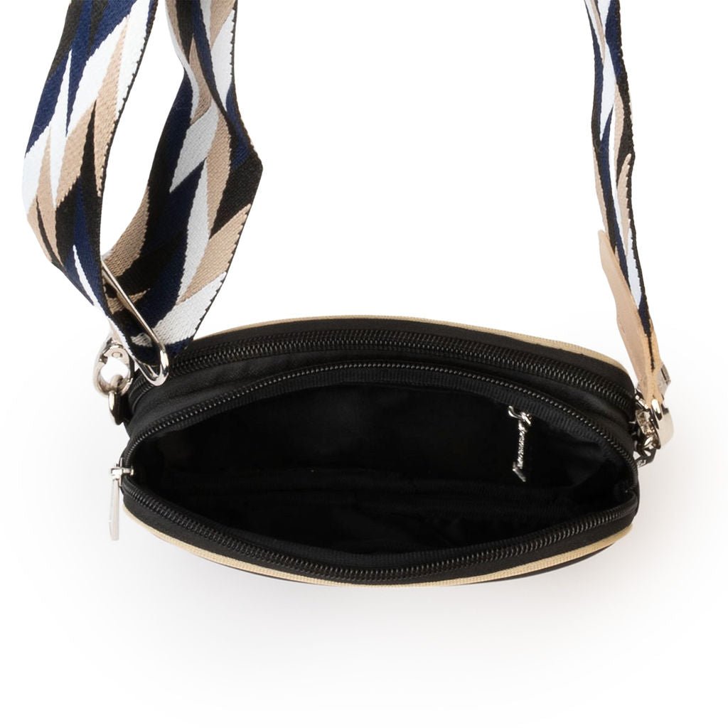 Neoprene Dual Zipper Crossbody - Black/ Tan