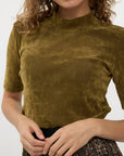 Mock Neck Velour Stretch Top Short Sleeve