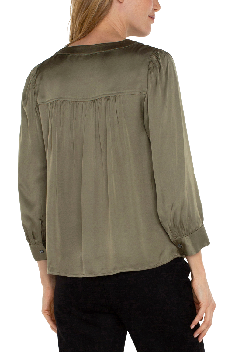 Blouse Long Slv Pleated Neck - Spanish Olive