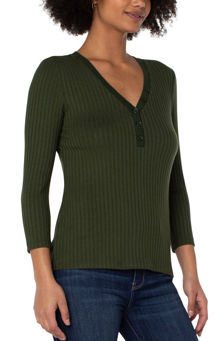 3/4 Sleeve Button Front Rib Knit Henley Top - Forest Green