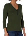 3/4 Sleeve Button Front Rib Knit Henley Top - Forest Green