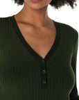 3/4 Sleeve Button Front Rib Knit Henley Top - Forest Green