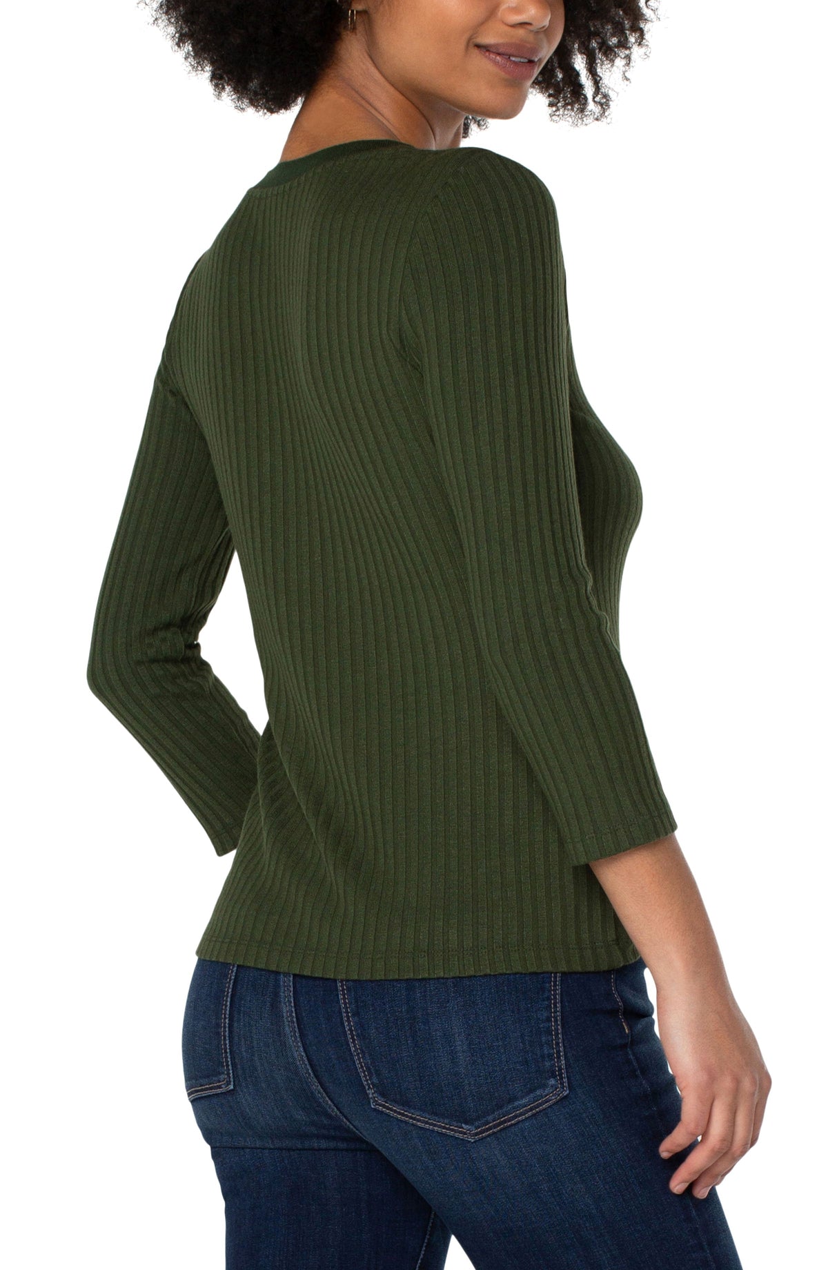 3/4 Sleeve Button Front Rib Knit Henley Top - Forest Green