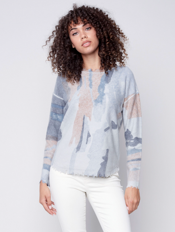 Reversible Printed Sweater W/Frayed Edges