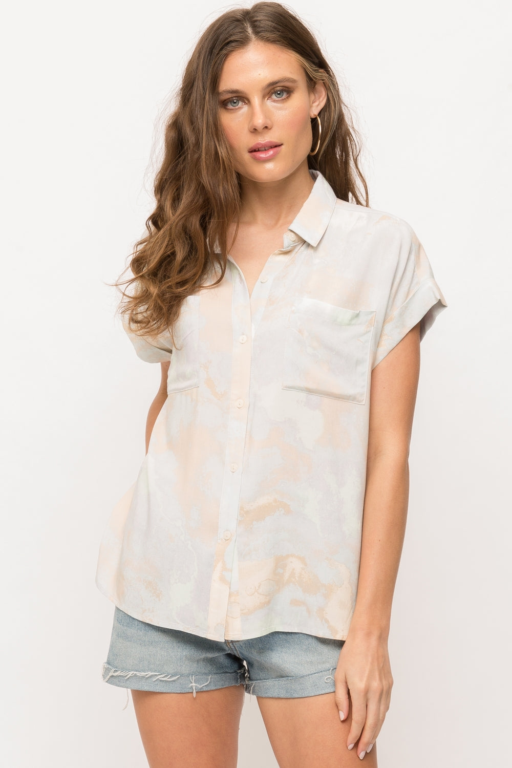 Tie dye print button down shirt with pockets
