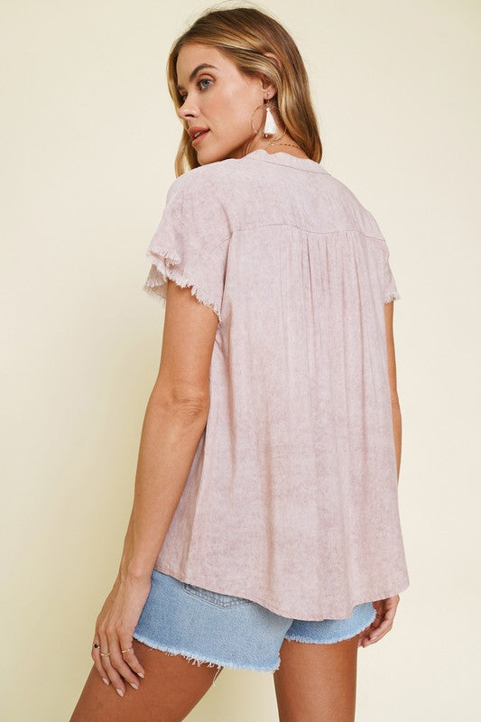 Washed Button Down Ruffle Sleeve Blouse