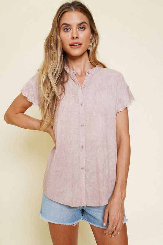 Washed Button Down Ruffle Sleeve Blouse