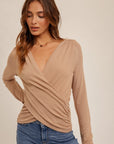 Surplice Rib Long Sleeve Top - Tan