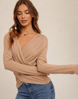 Surplice Rib Long Sleeve Top - Tan