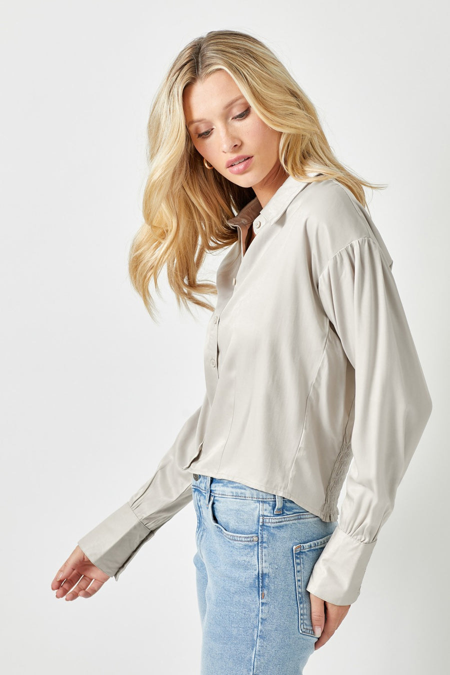 Smocked Back Dollman Sleeve Shirt - Stone