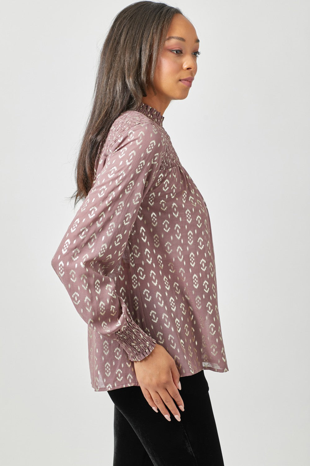 Sparkle Smocked Yoke Blouse - Mauve