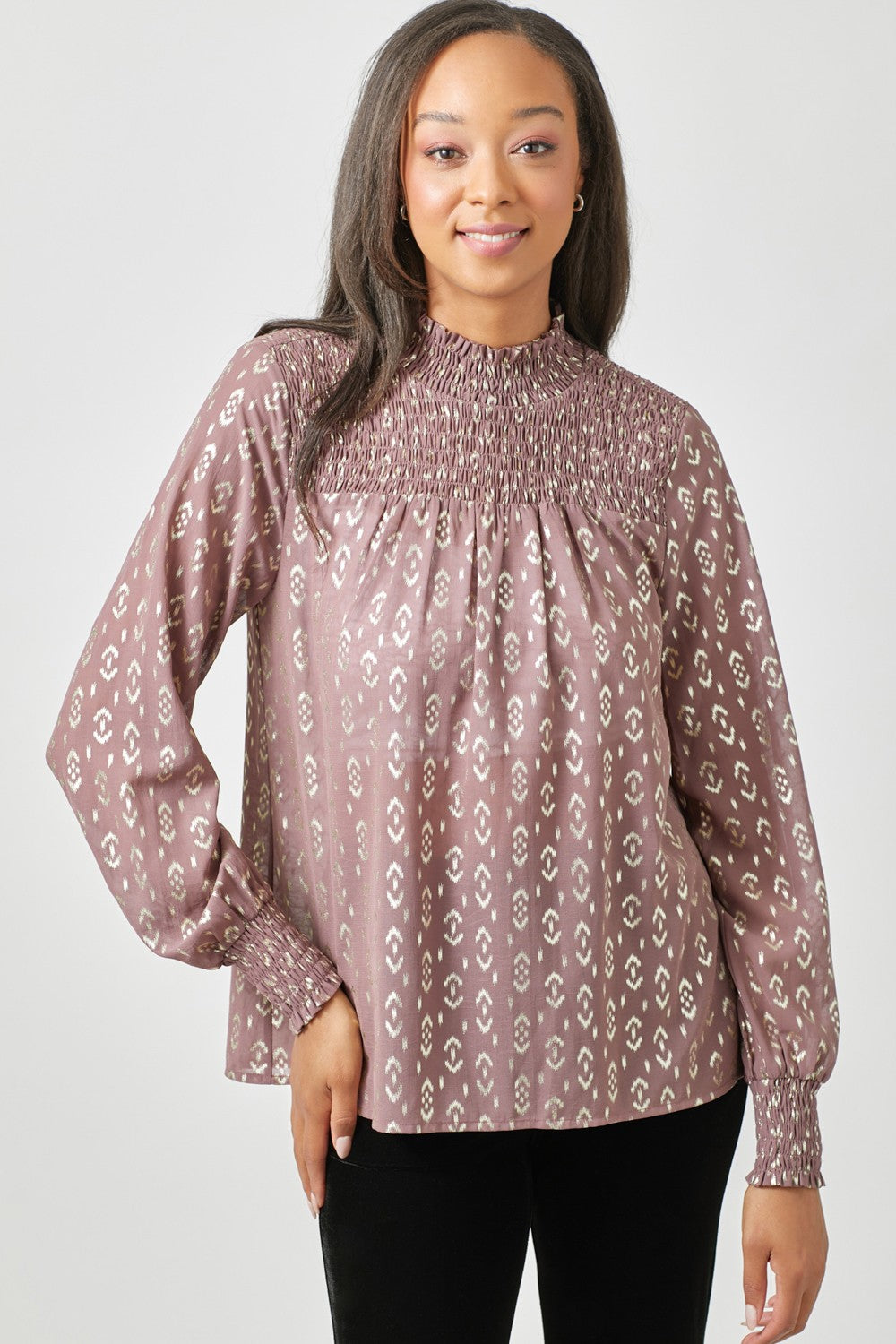 Sparkle Smocked Yoke Blouse - Mauve