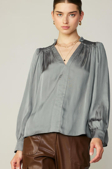 Smocked V Neck Blouse - Moss Grey