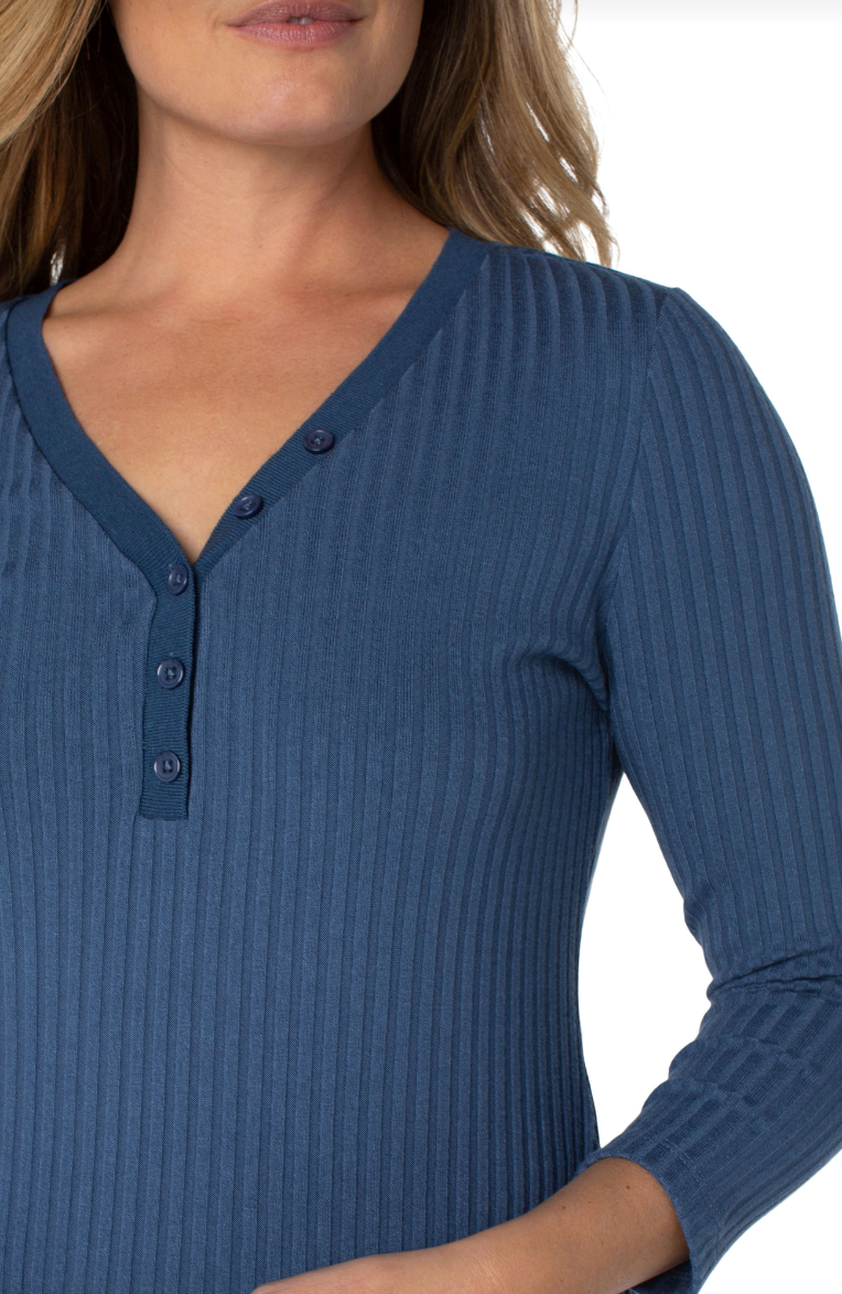 3/4 Sleeve Button Front Rib Knit Henley - Chambray Blue