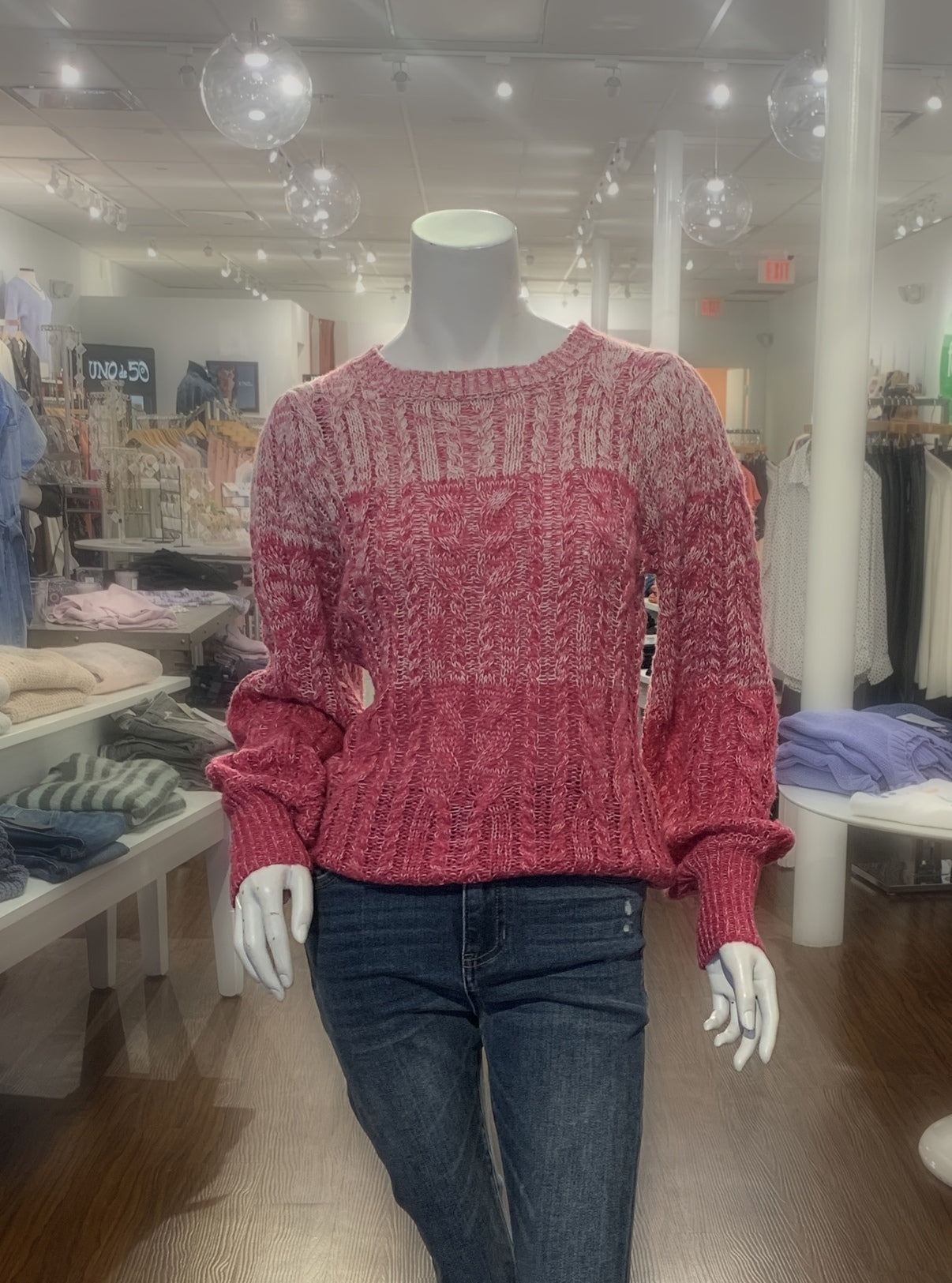 Cable Knit Puff Sleeve Ombre Sweater