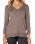 3/4 Sleeve V Neck Sweater w/Pique - Shiitake Heather