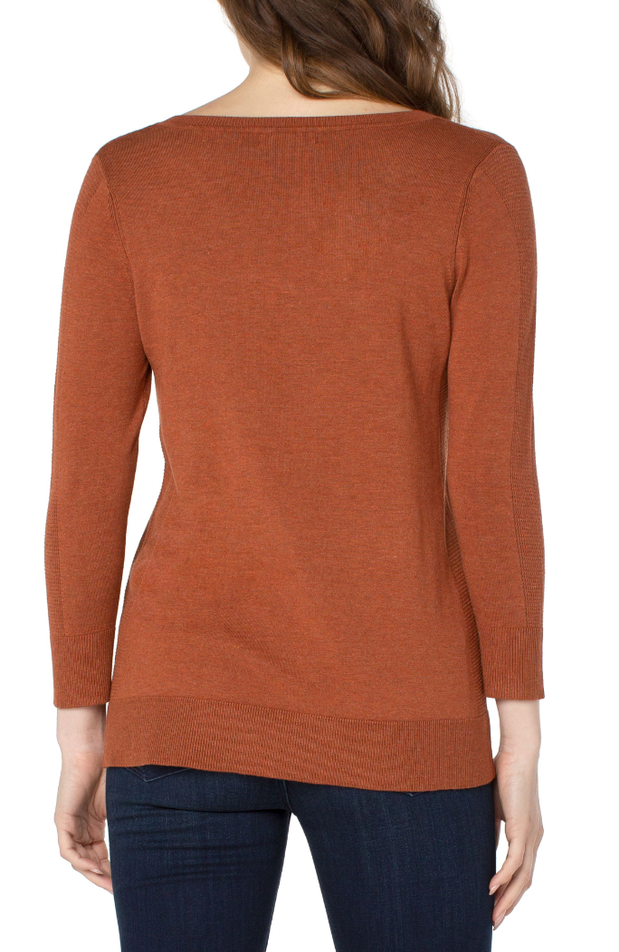 3/4 Sleeve V Neck Sweater w/Pique - Copper Heather