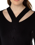 Long Sleeve Cable Twist Neck Wrap Sweater - Black Charcoal