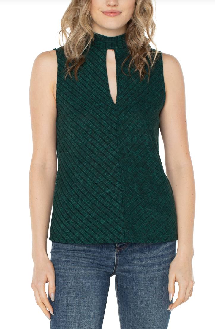 Mock Neck Miter Front Sleeveless Knit Top - Emerald