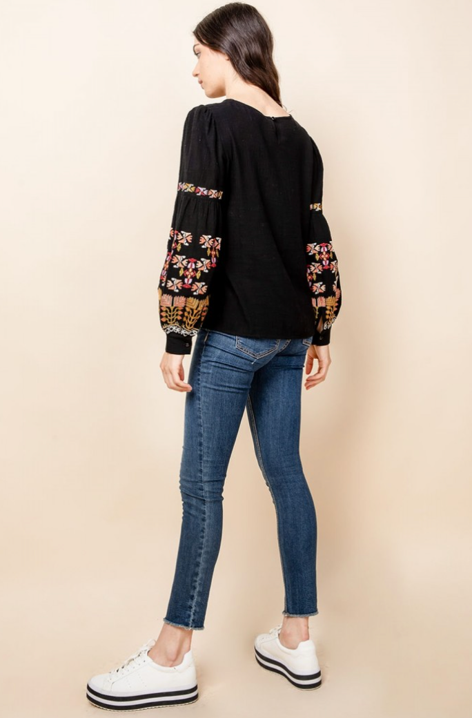 Embroidered  Bubble Long Sleeve Top